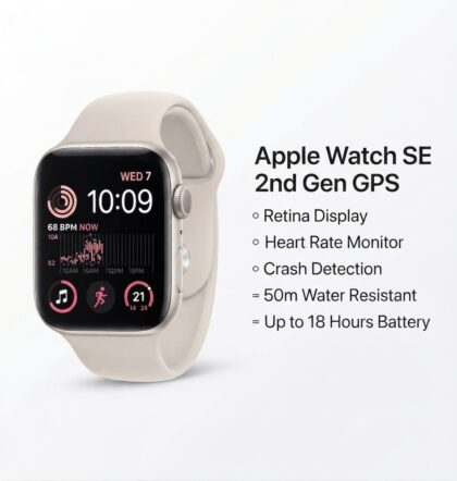 Apple Watch SE 2nd Gen GPS with Starlight aluminum case and sport band showing heart rate and fitness tracking display