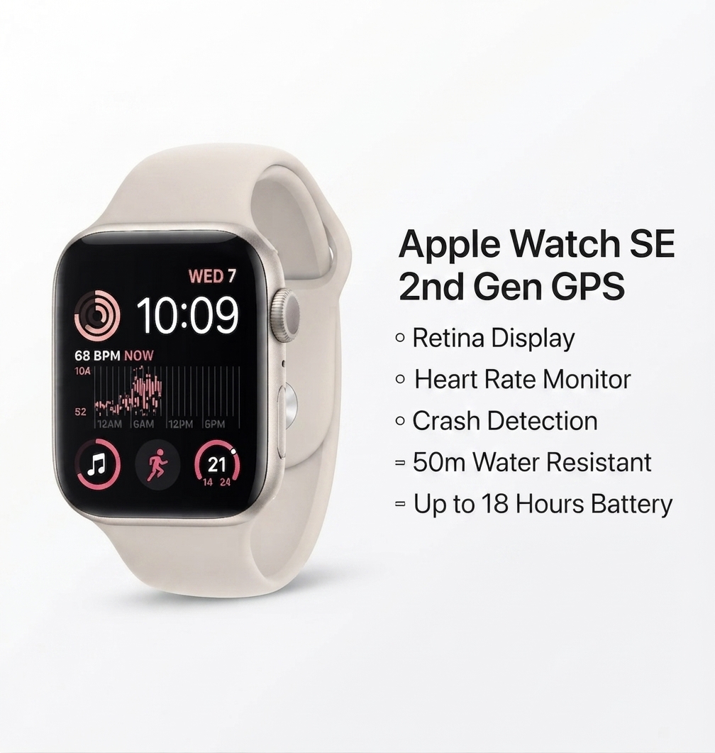 Apple Watch SE 2nd Gen GPS with Starlight aluminum case and sport band showing heart rate and fitness tracking display