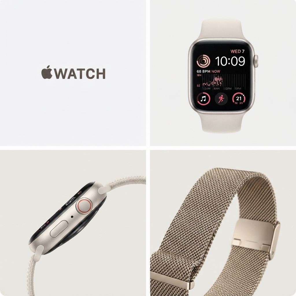 Apple Watch SE 2nd Gen GPS with Starlight aluminum case and sport band showing heart rate and fitness tracking display